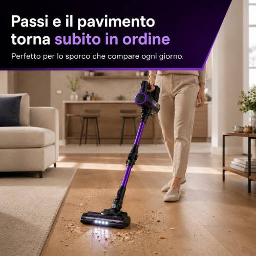 Aspirapolvere wireless che raccoglie briciole e polvere dal pavimento