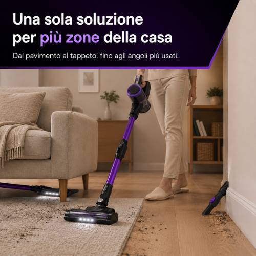 Aspirapolvere wireless usato su tappeto e pavimento